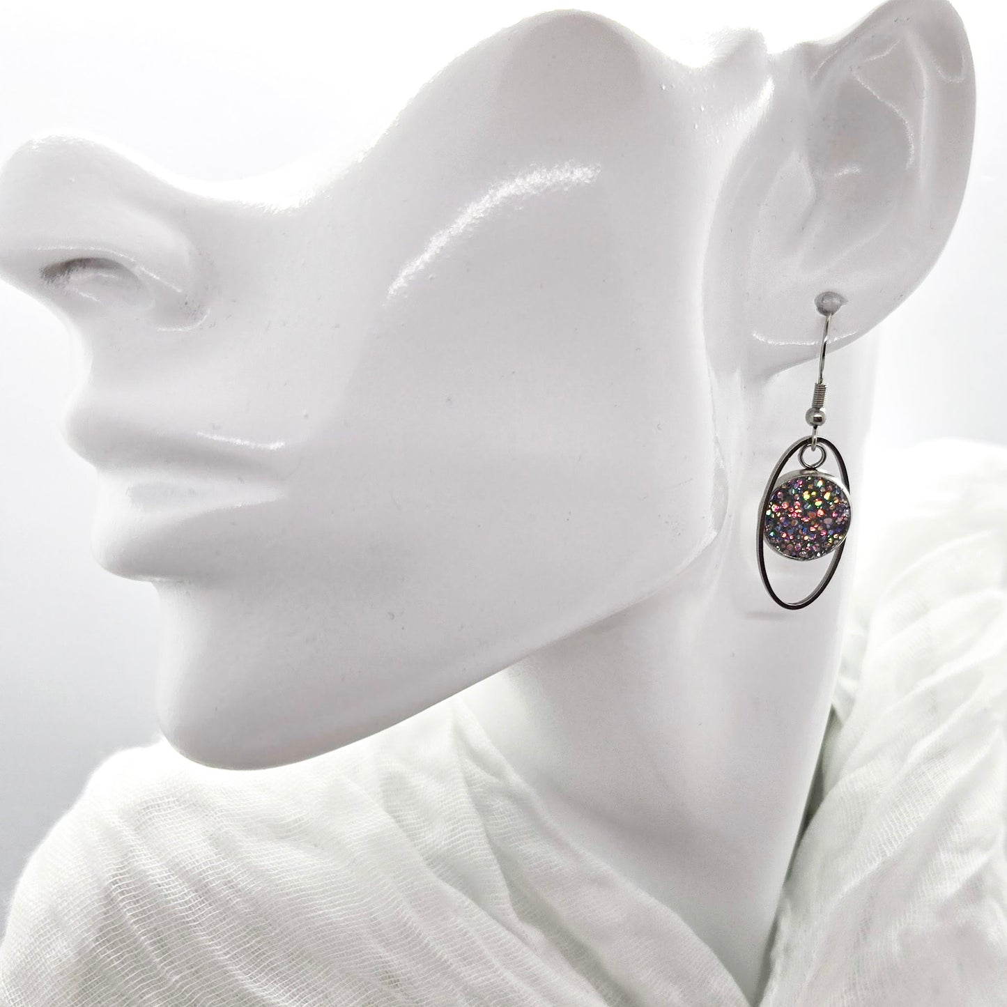 Gray Leather Inlay Stainless Steel Earrings