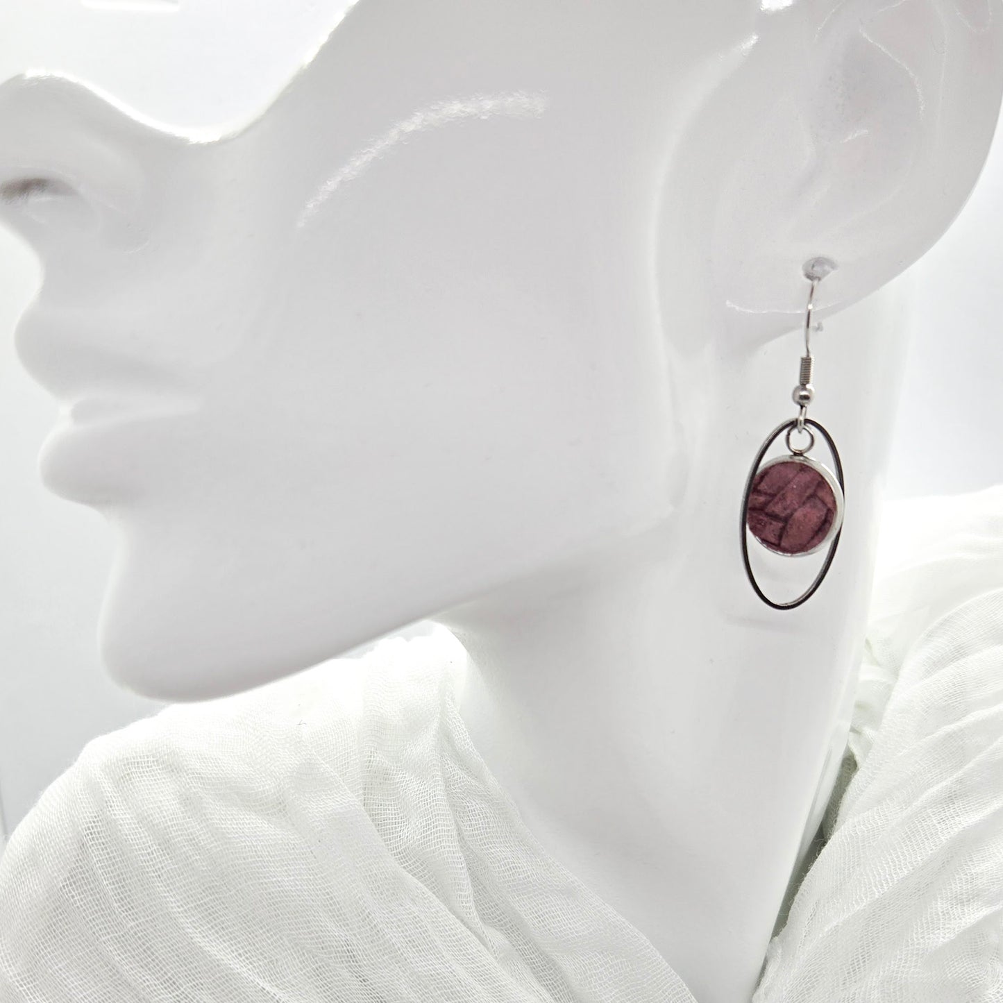 Mauve Leather Inlay Stainless Steel Earrings