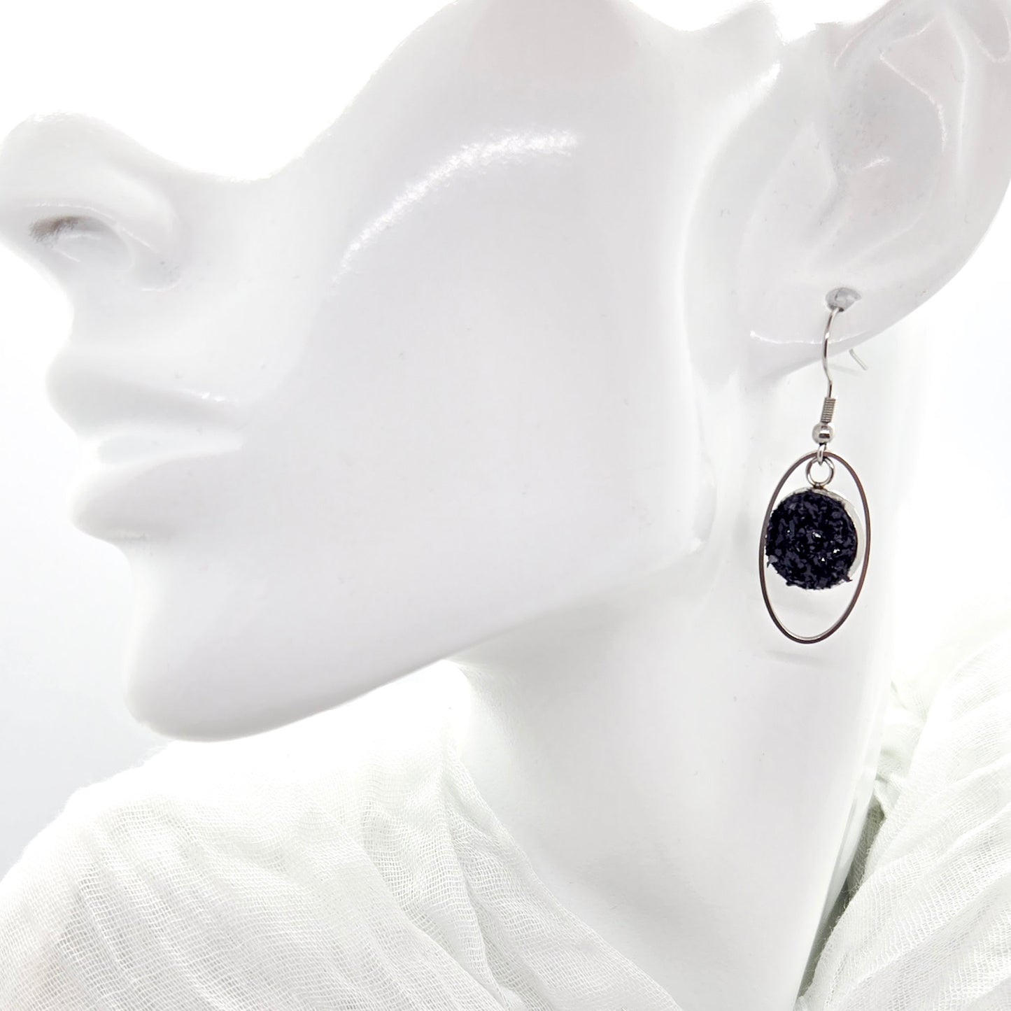 Black Leather Inlay Stainless Steel Earrings