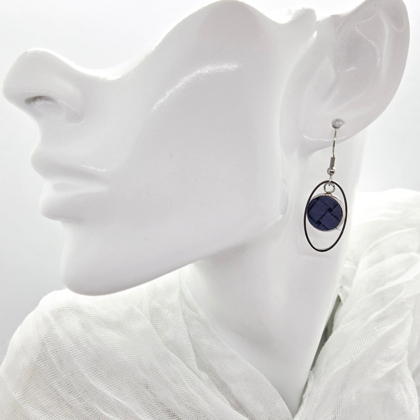 Navy Leather Inlay Stainless Steel Earrings