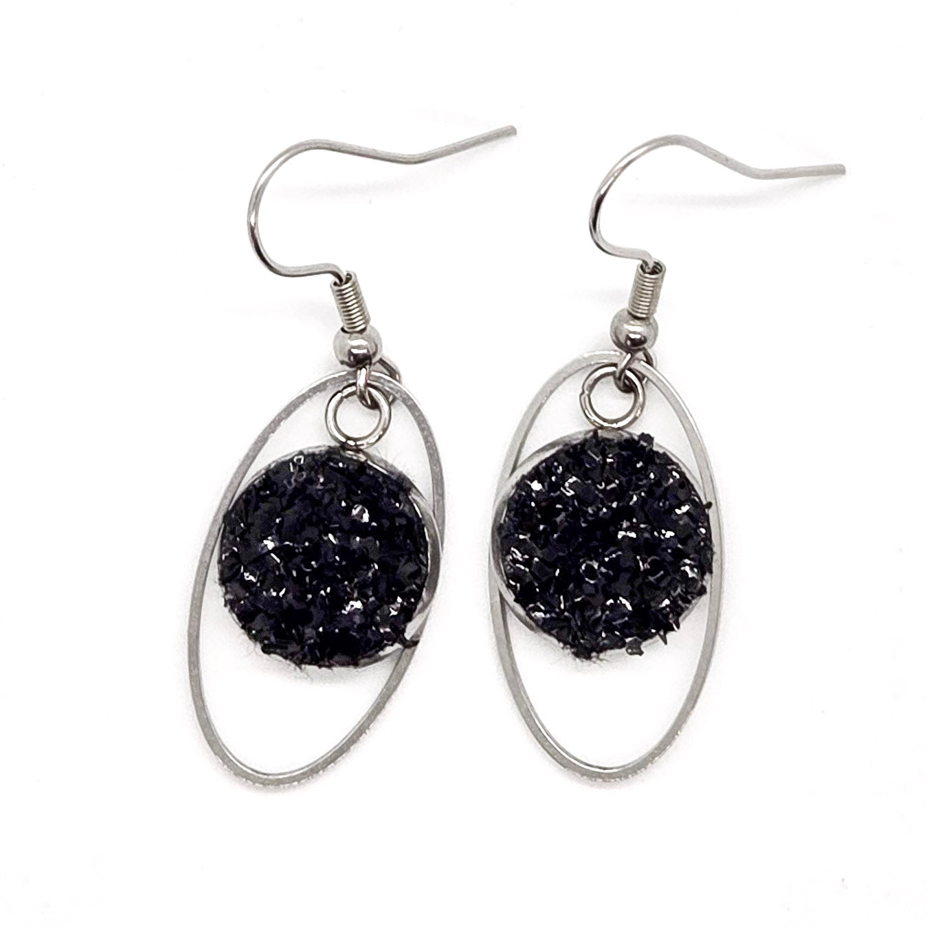 Black Leather Inlay Stainless Steel Earrings