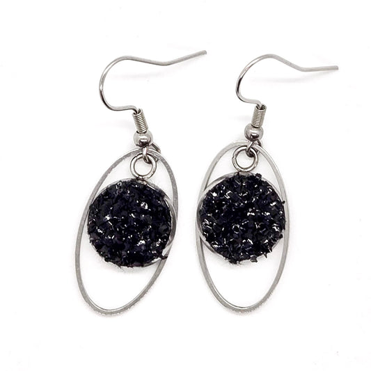 Black Leather Inlay Stainless Steel Earrings