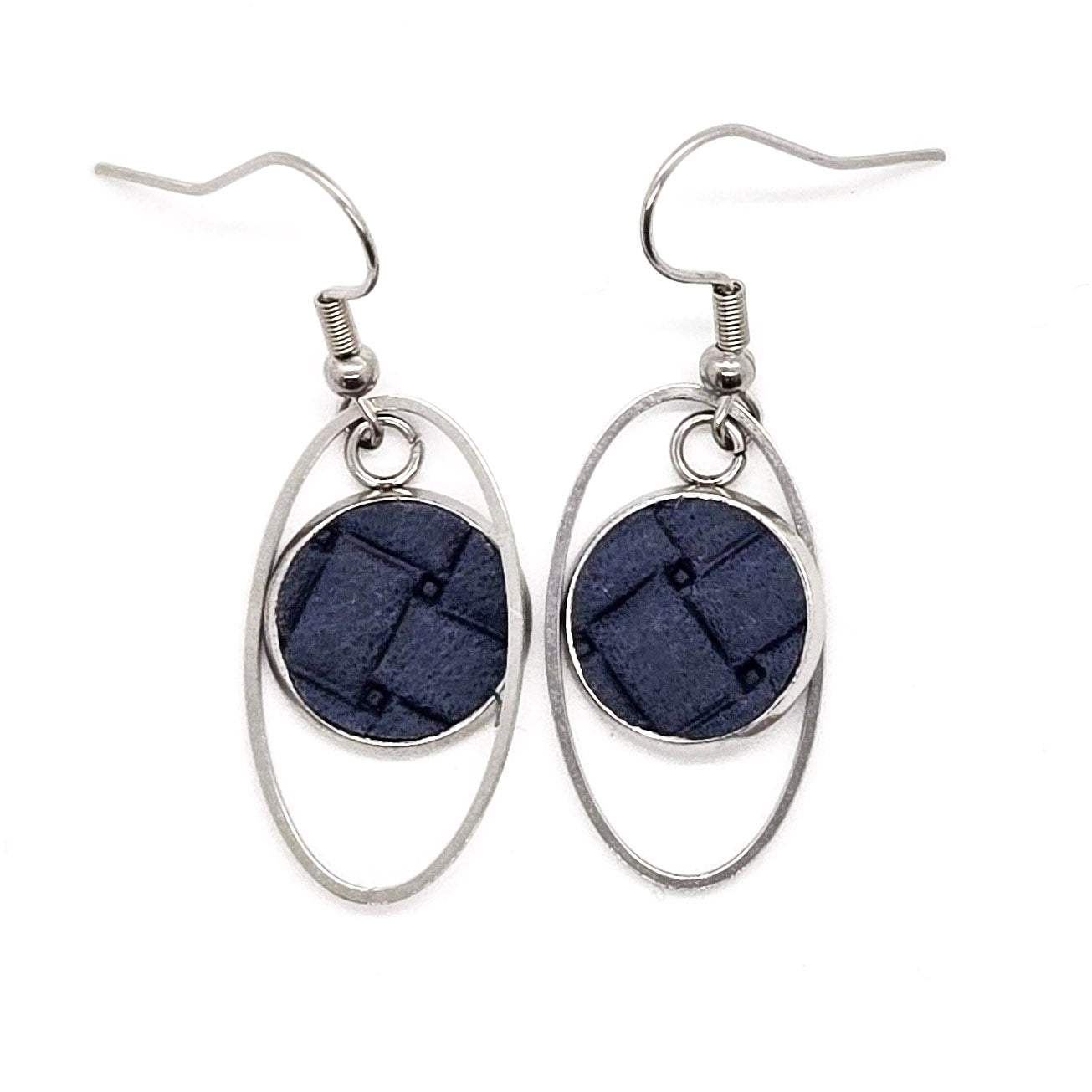 Navy Leather Inlay Stainless Steel Earrings