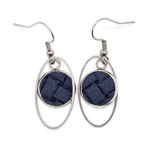 Navy Leather Inlay Stainless Steel Earrings