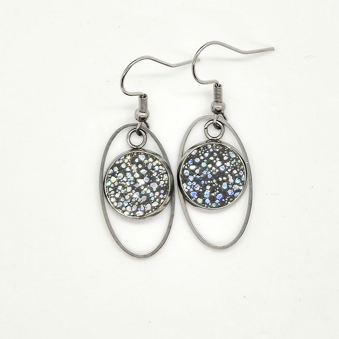Gray Leather Inlay Stainless Steel Earrings