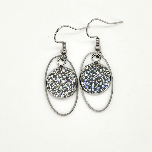 Gray Leather Inlay Stainless Steel Earrings