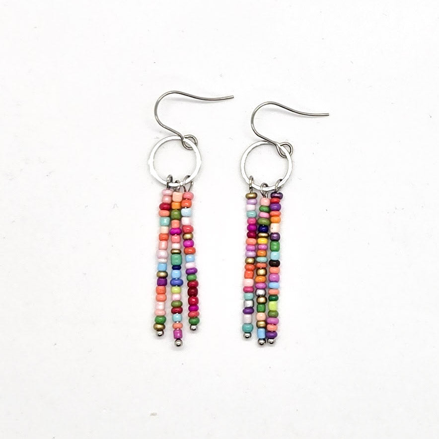 Colorful beaded fringe earrings on a white background